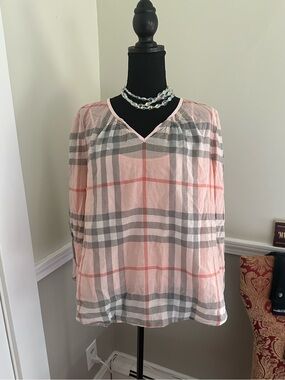 Burberry Pink Plaid V-Neck Blouse